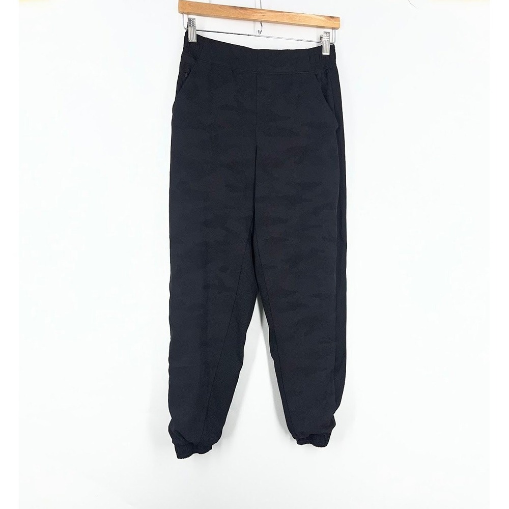 Athleta Black Camo Joggers Ribbed Side Panel Tapered Pants Womens Size 2